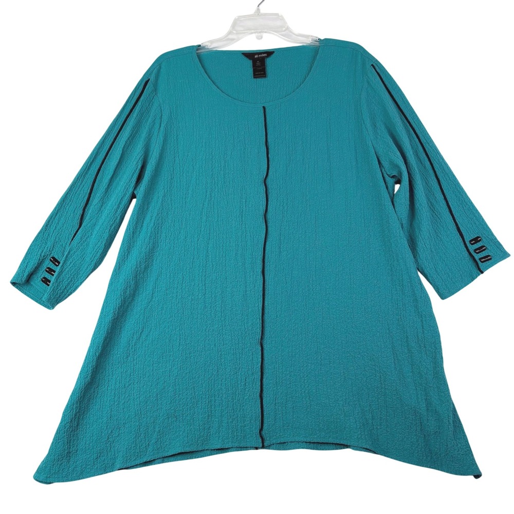 Ali Miles XL Teal Green Crinkle Tunic Top 3/4 Sleeve Black Piping Art to Wear